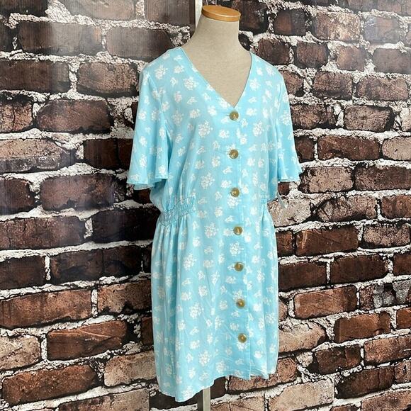 Abound Dress Womens Large Blue Floral NWT Short Sleeve Buttons A-Line - Picture 7 of 16